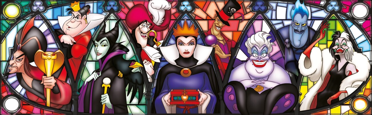stain glass image of various Disney villains