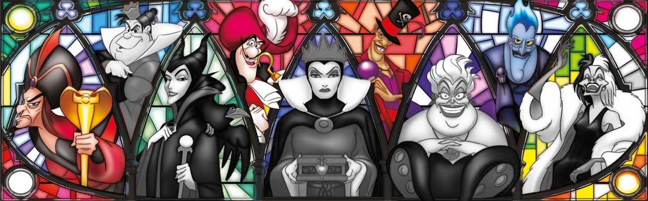 stain glass image of various disney villains with the female characters greyed out