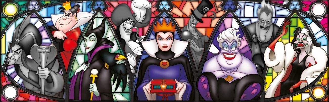 stain glass image of various disney villains with the male characters greyed out